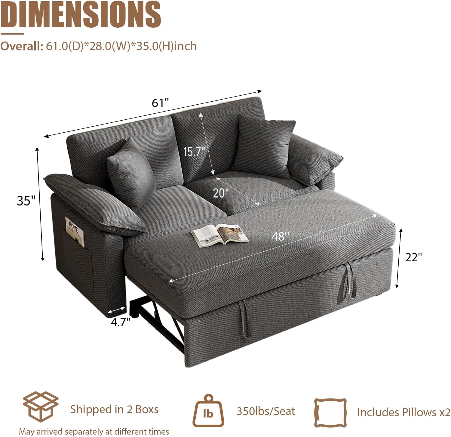 Loveseat Sofa with Pull Out Couch Bed, 2-in-1 Convertible 2 Seater Sleeper Sofa with Removable Sofa Cover, Sectional Couches for Small Spaces Living Room Apartment