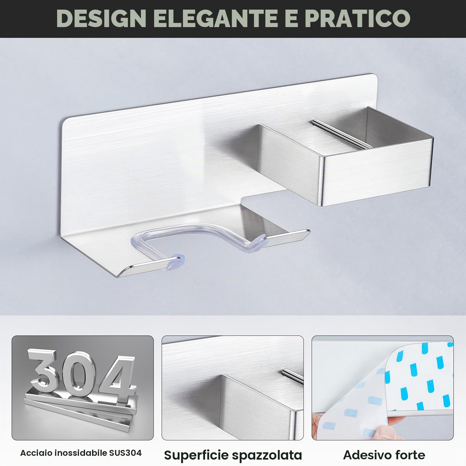 Porta phon e Piastra, Porta Piastra per Capelli, Porta Phon da Muro, Supporto per asciugacapelli da Parete Senza Foratura, Supporto per asciugacapelli e Piastra lisciante in Acciaio Inox