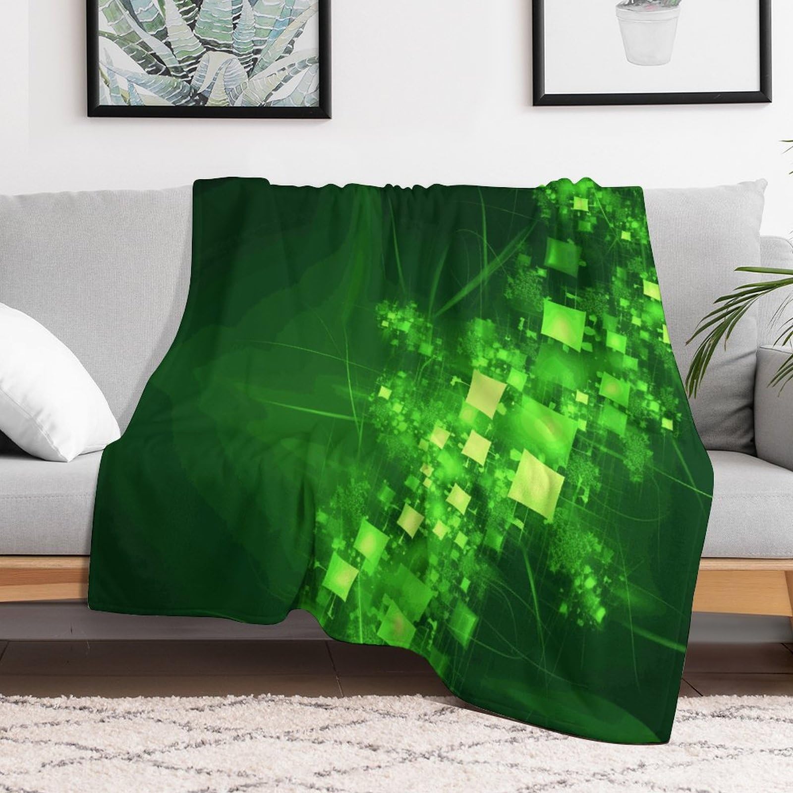 Couverture lit art numérique vert pour salon et climatisation