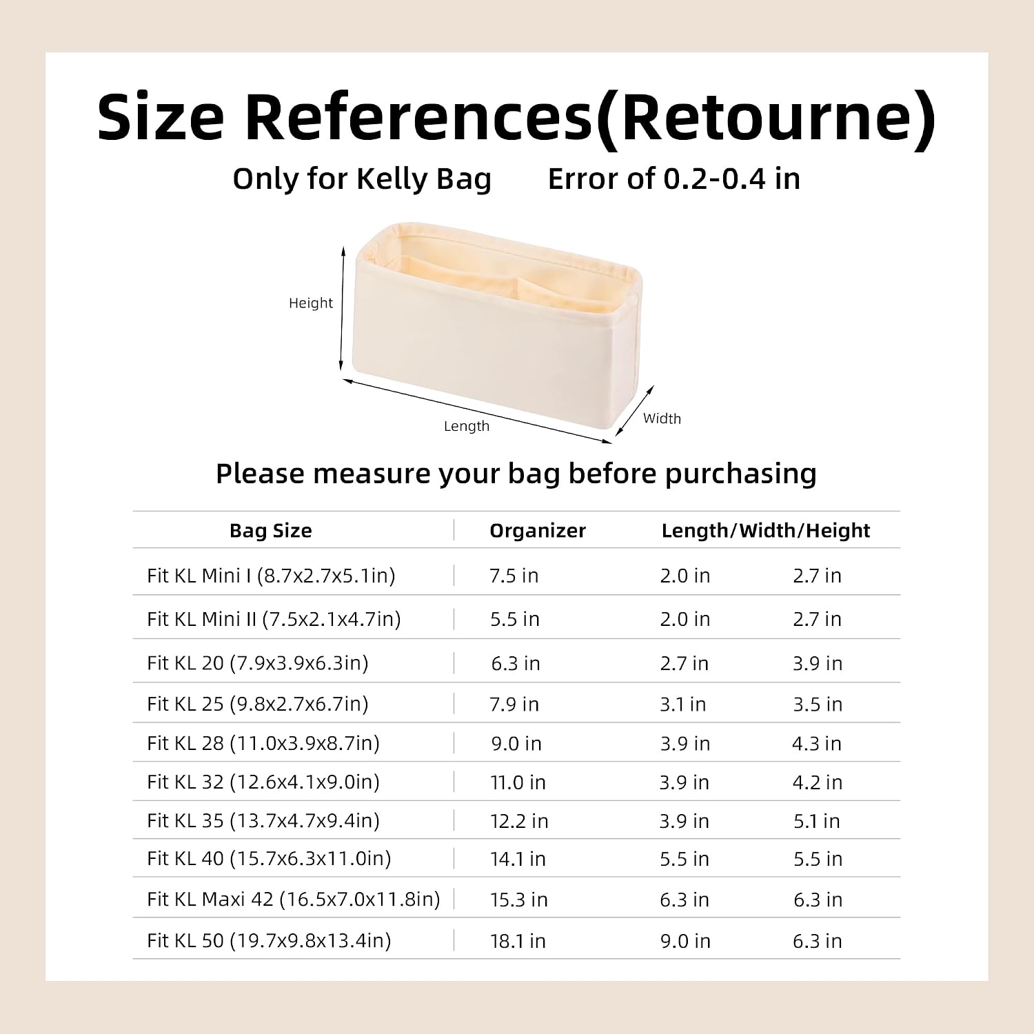 DGAZ Luxury Handbag & Tote Organizer, Silk Purse Organizer, Fits mini Kelly Bags (Craie, miniKelly2)