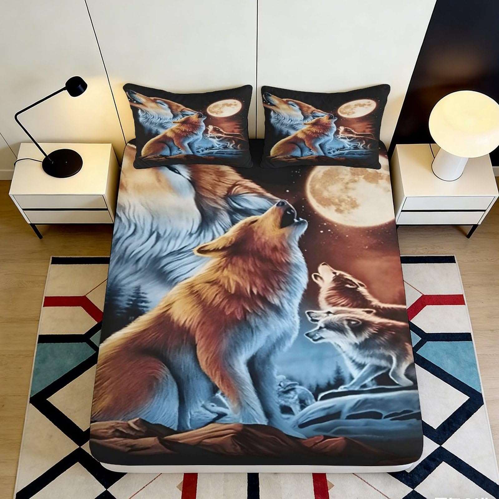3D Printed Wolf Moon Fitted Sheet Microfiber Soft Breathable Forest Night Mattress Cover for Bedroom Dorm Mattress Protection 140x200x25cm