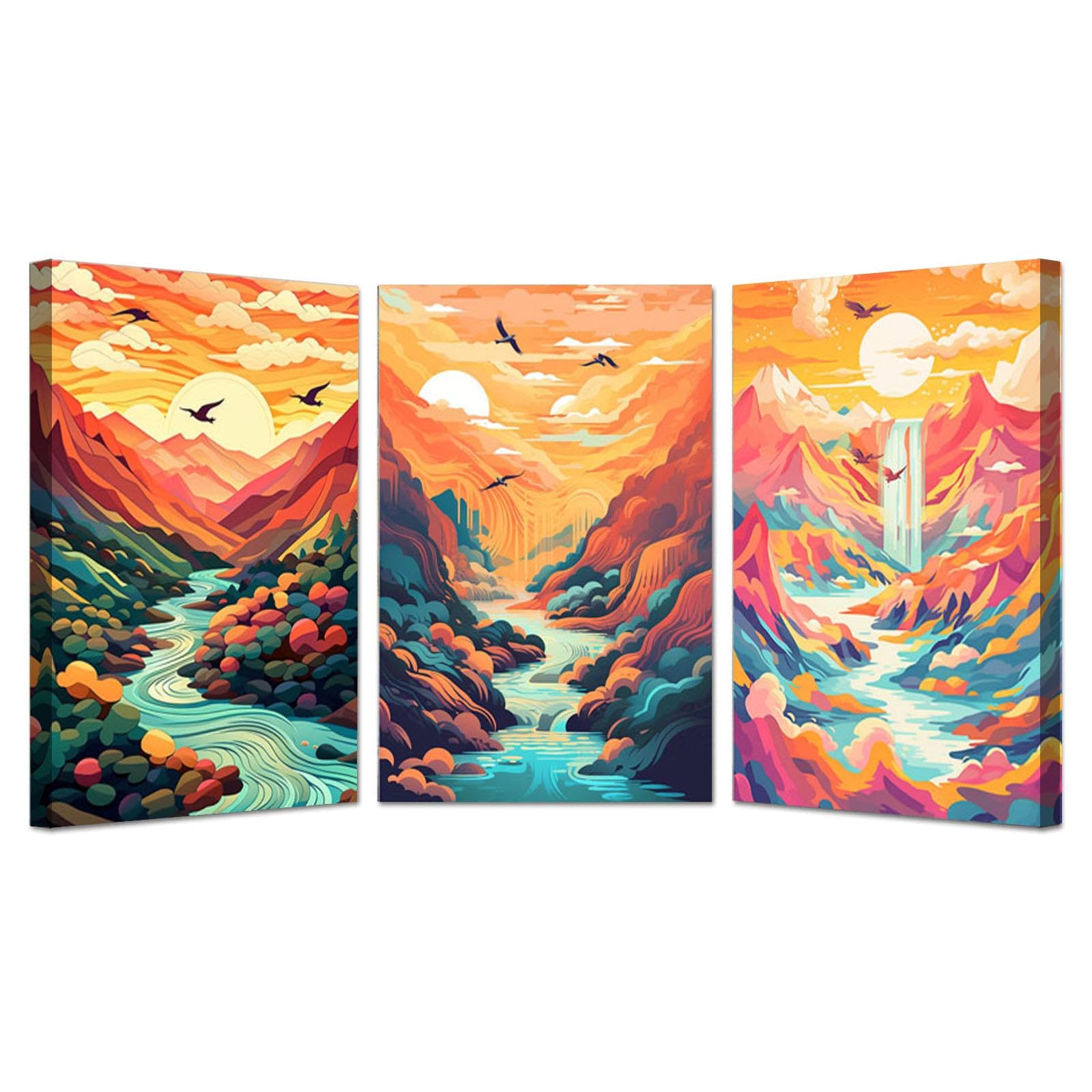JOSUE Set de 3 Cuadros De MontañA Paisaje de nubes abstractas Lienzo,Naranja, azul Cuadro Cartel Sala De Estar Cuarto De BañO Comedor Decorativos-50x70cmx3 Enmarcado
