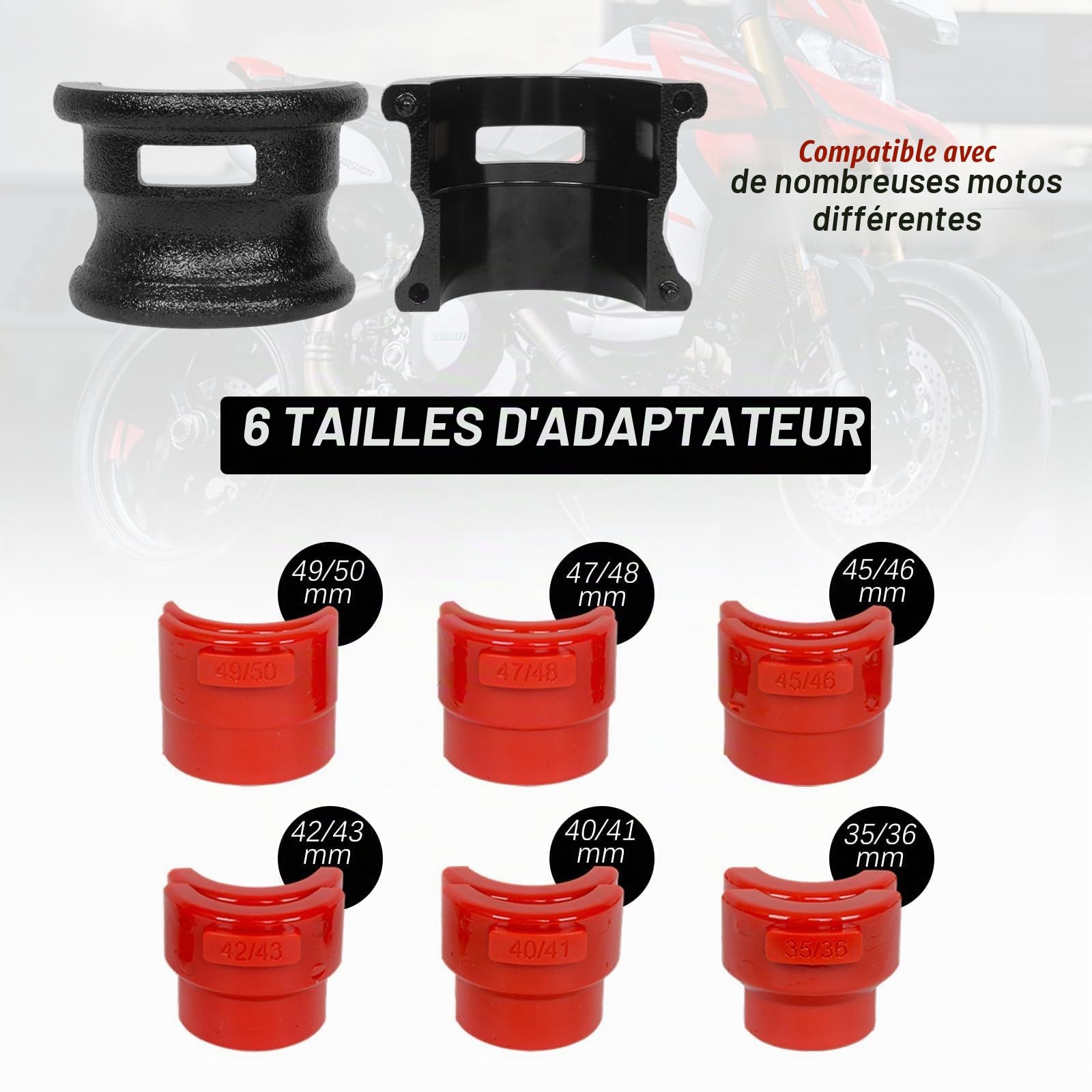 Pilote Joint de Fourche Moto Universel, Kit Outil de Démontage Montage 14 Pièces MOTO4U avec Adaptateurs 6 Tailles pour Fourches 35-50mm