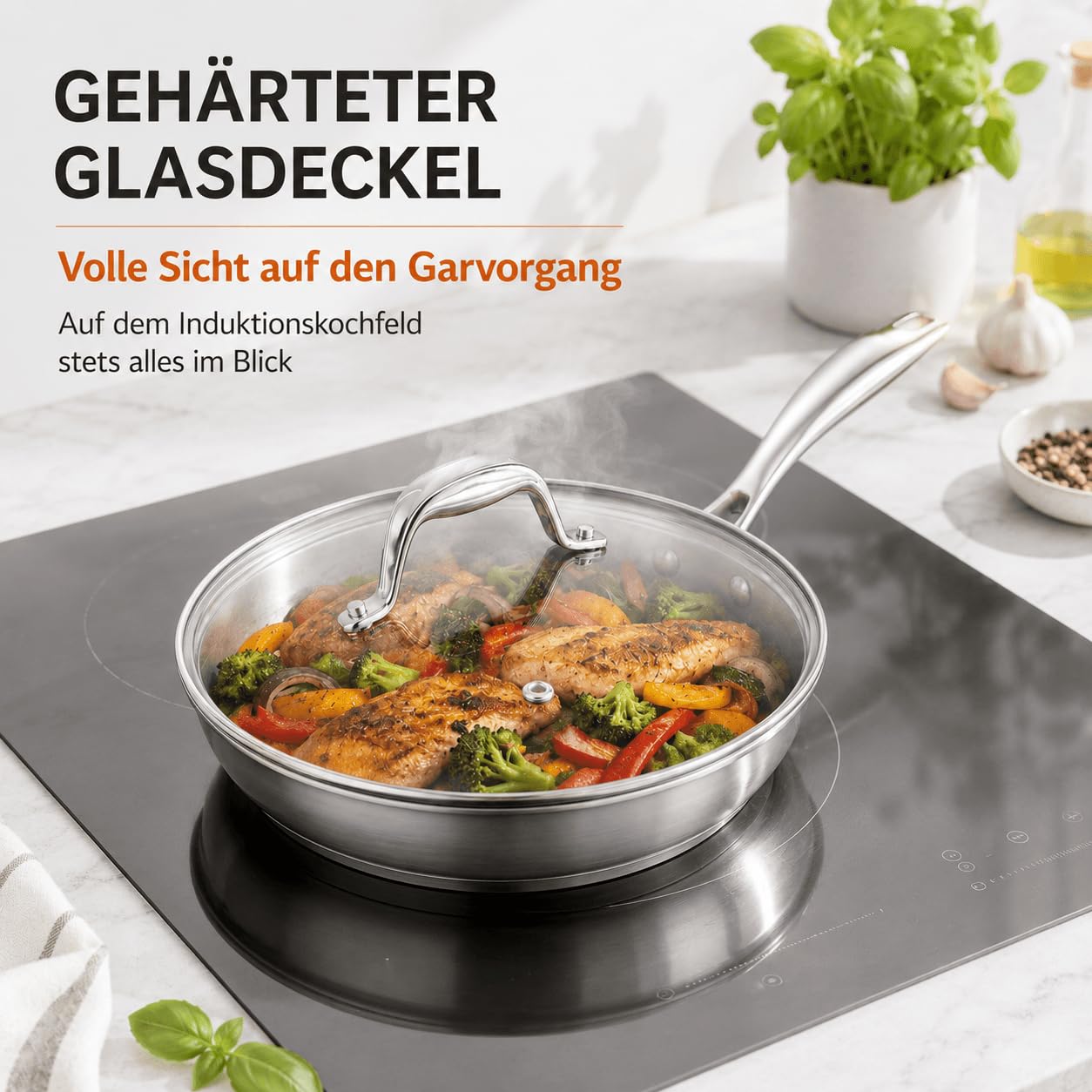 DELARLO Edelstahlpfanne Unbeschichtet 28 cm mit Deckel