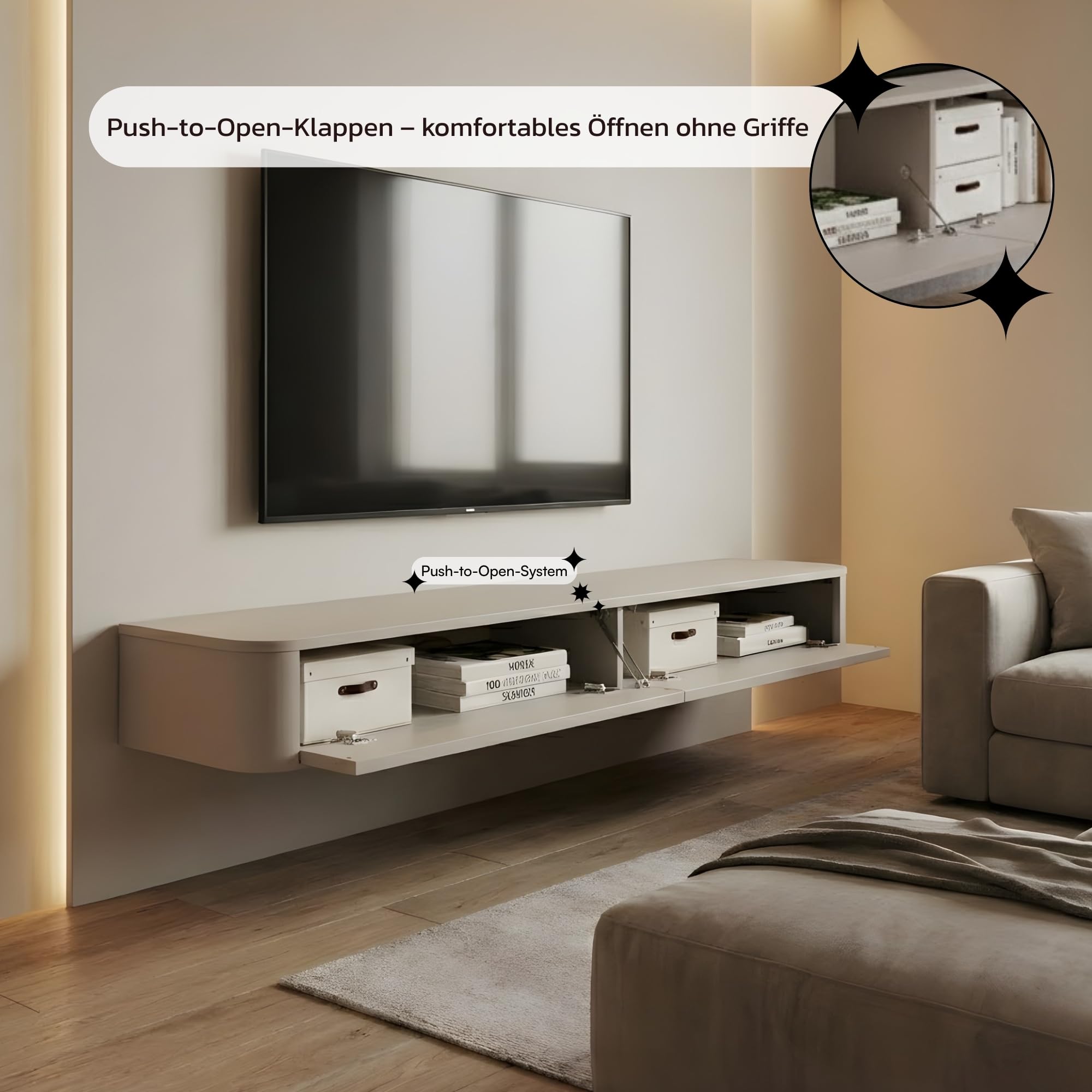 Selsey Hängendes TV-Lowboard 175 cm – Minimalistisches TV-Schrank in Kaschmir-Matt, mit Stauraum – Elegantes TV-Board für Wohnwand Wohnzimmer, MDF & Spanplatte, Kaschmirgrau