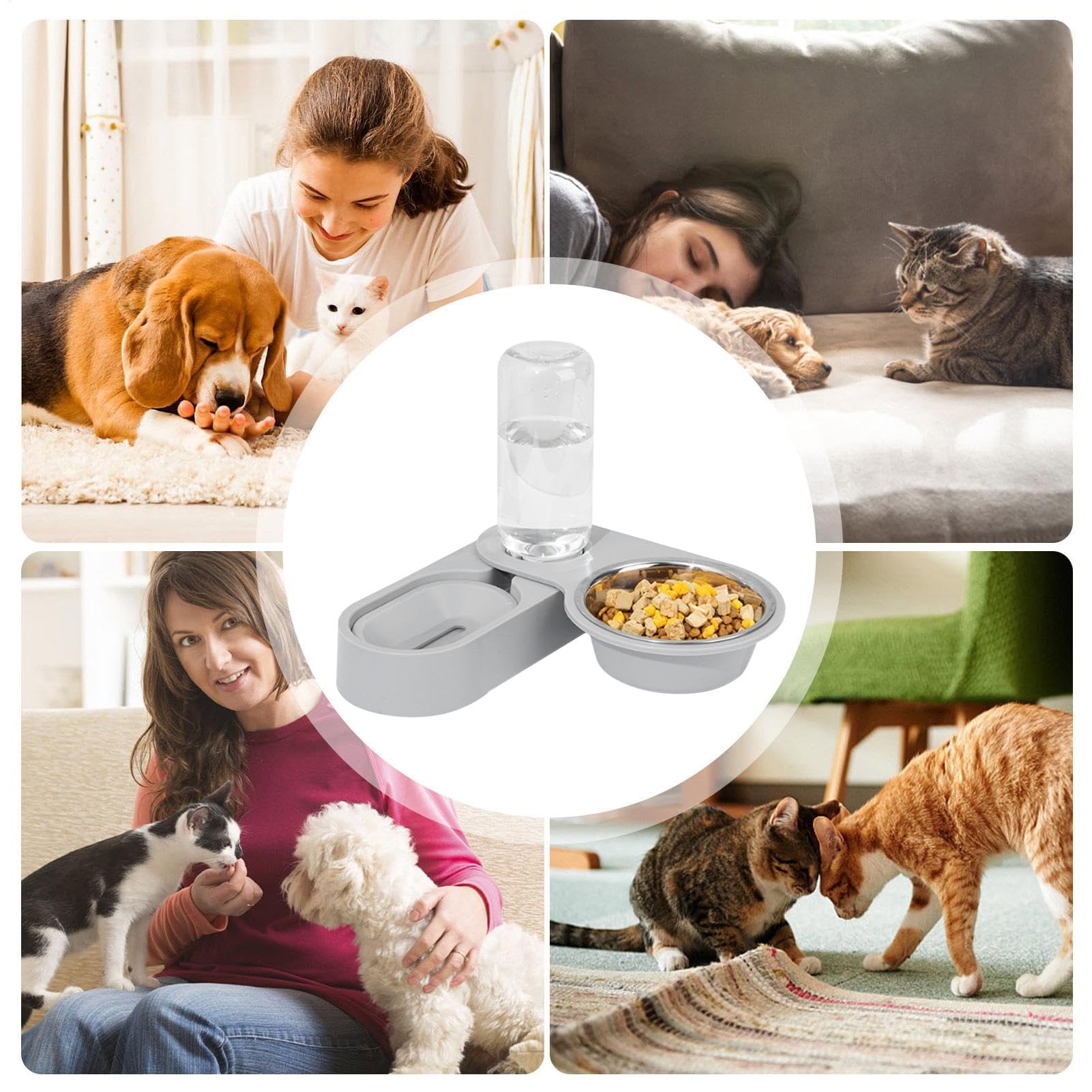 Ciotole per animali domestici, Distributore di acqua e cibo for gatti - Ciotole for animali domestici con bottiglia for bere portatile for, acciaio inossidabile antiscivolo(Gray)