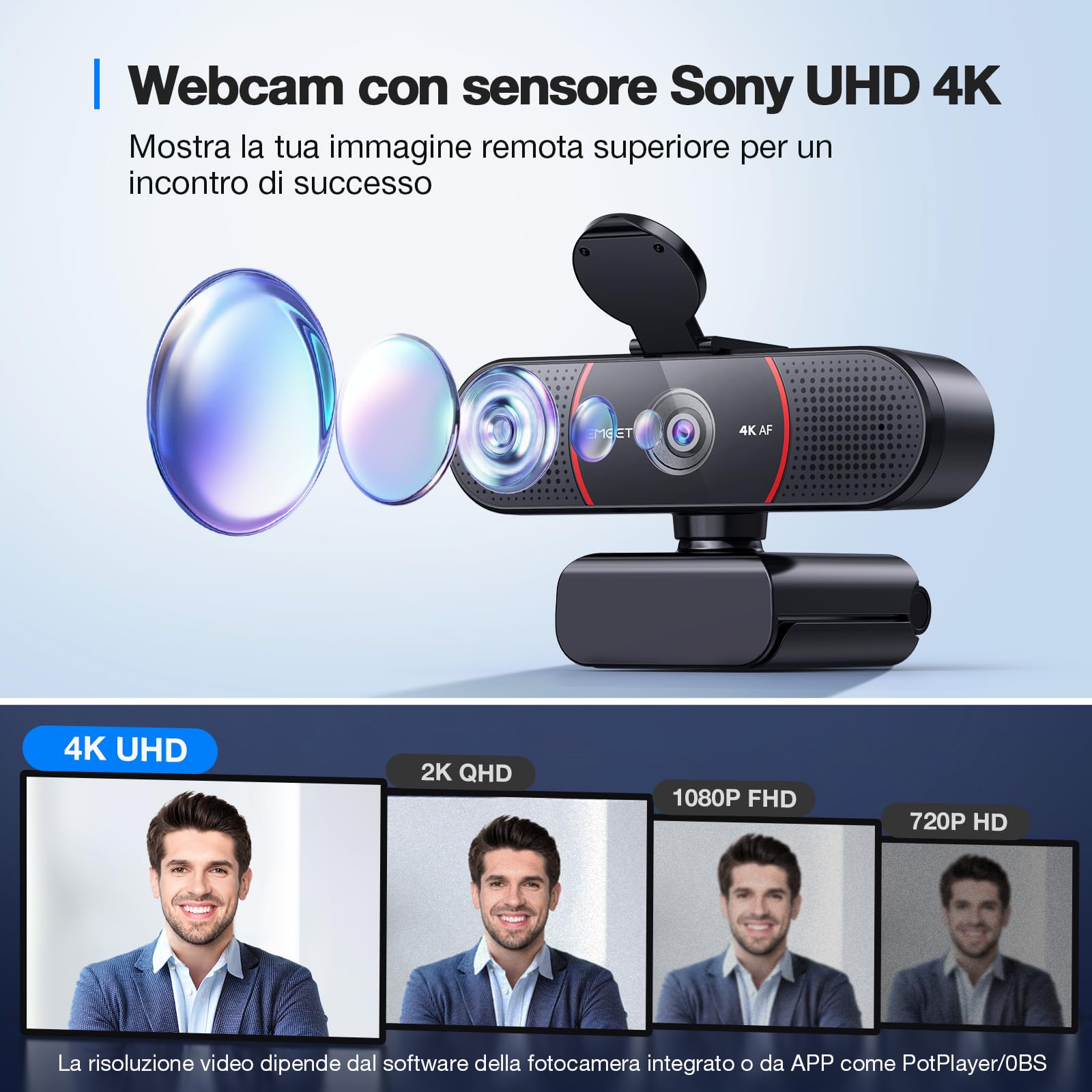 EMEET C960 Webcam 4K UHD per PC Con Copriobiettivo e Doppio Microfono, Videocamera per Streaming a 66° Con Correzione Automatica Della Luce, USB Plug & Play, Ideale per Zoom