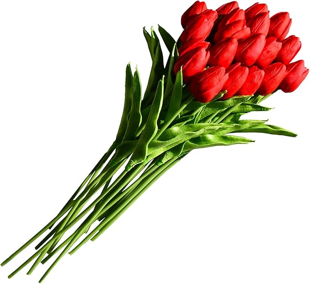 Only Art Artificial Tulip Flowers with Soft Latex Materials for Home & Kitchen Decoration (Red)