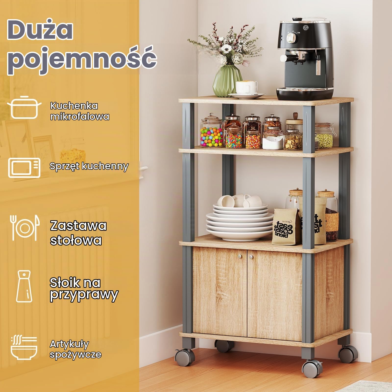 COSTWAY Regał kuchenny na kółkach, wózek kuchenny z półkami i szafką, regał stojący do kuchni i jadalni, wózek do serwowania, do kuchenki mikrofalowej, regał pomocniczy, wózek na kółkach, 60 x 40 x 98
