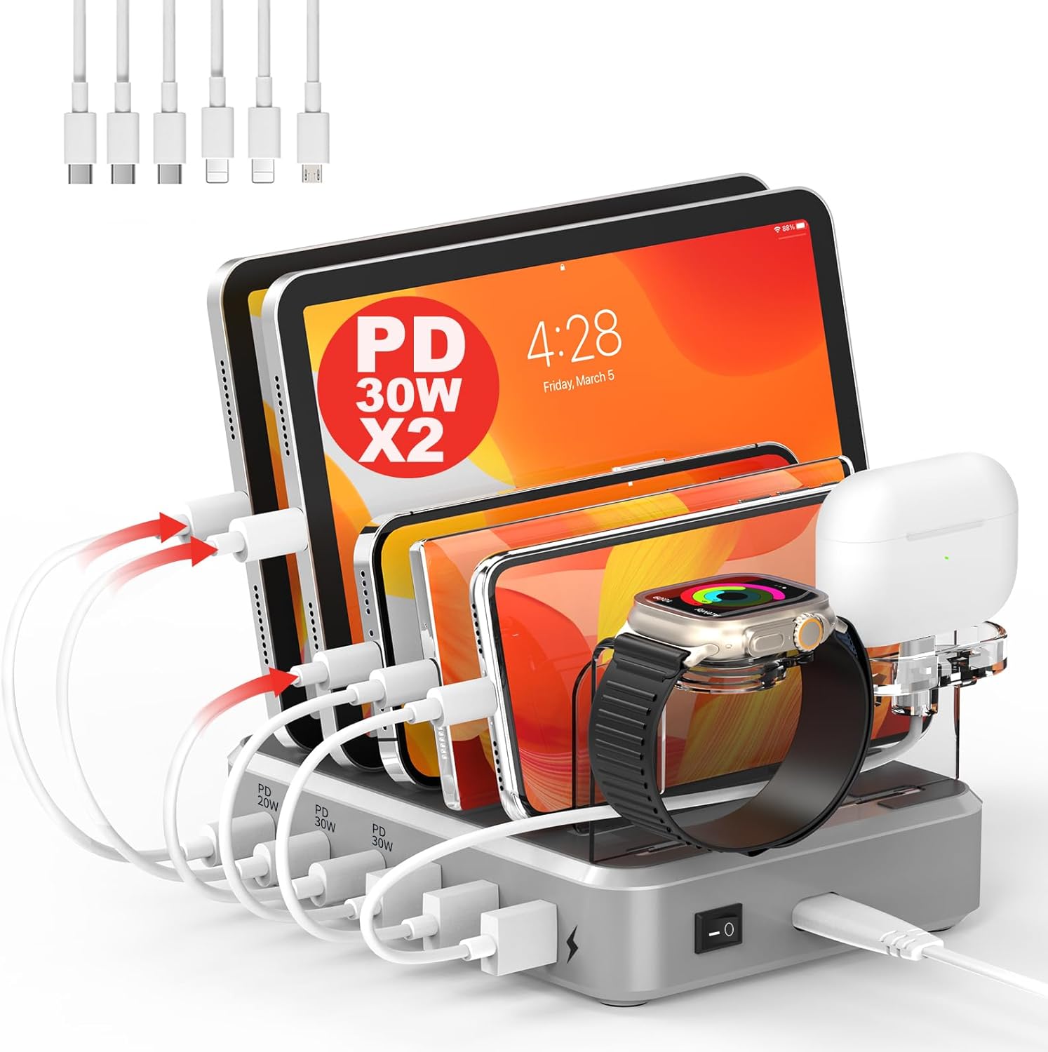 Charging Station for Multiple Devices Apple - 100W 6 Port Charger Station with 3 PD USB C Fast Ports, Designed for iPhone iPad Tablet Samsung Android(Watch Charger NOT Included) silver