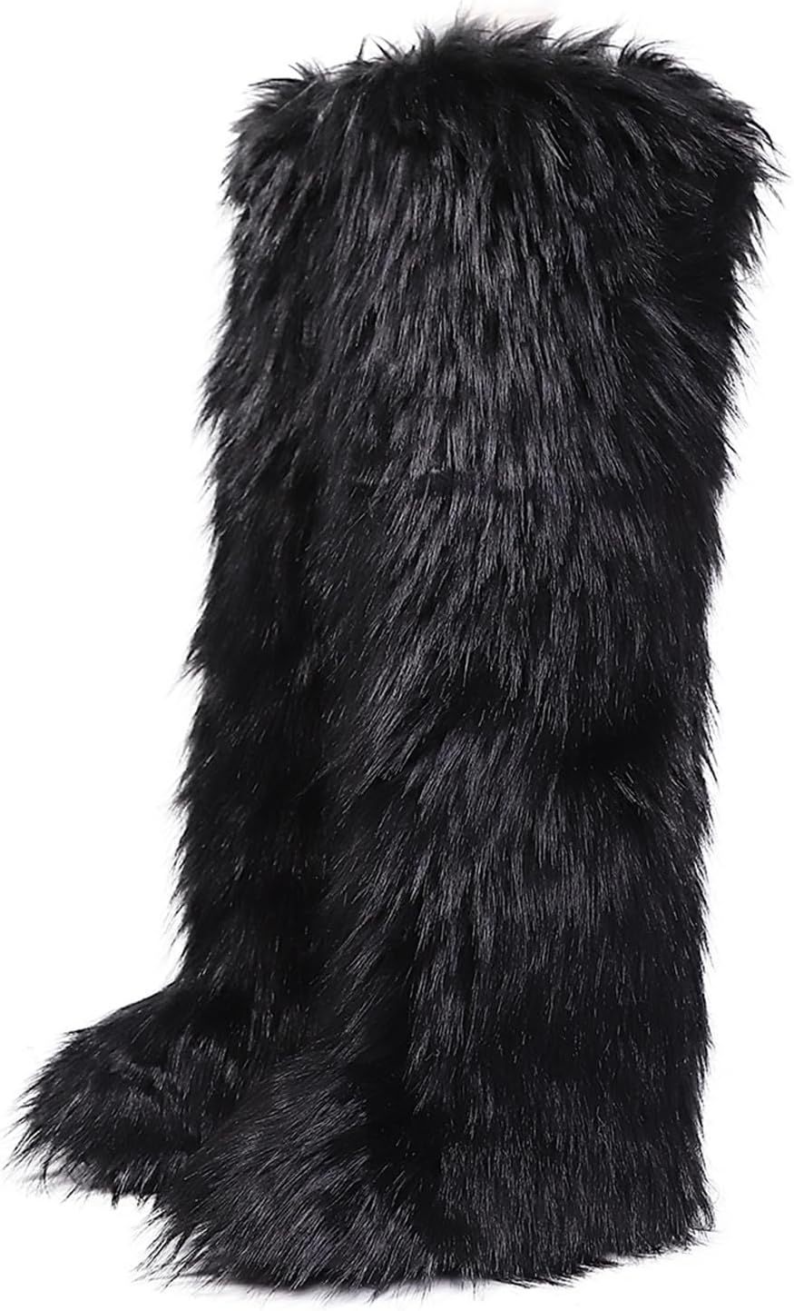 Luxury Over-Knee Faux Fur Boots, Furry And Fluffy Design, Fashion Costume Thigh High Boots for Women