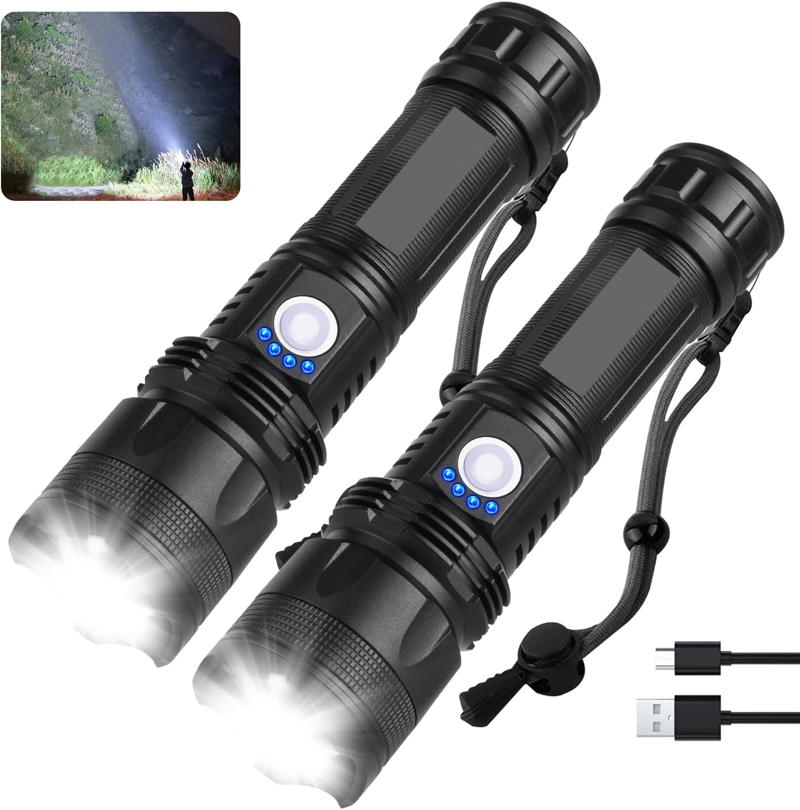 Rechargeable Flashlights 250,000 High Lumens, Super Bright LED Flash Light with 5 Modes, 12 Hour Brightest Waterproof Handheld Flashlight for Home, Camping (2 Pack)