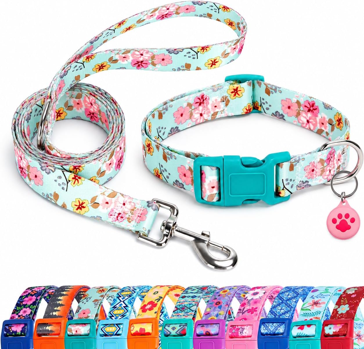 Floral Matching Dog Collar and Leash Set with AirTag Holder-Lily Daisy/XS