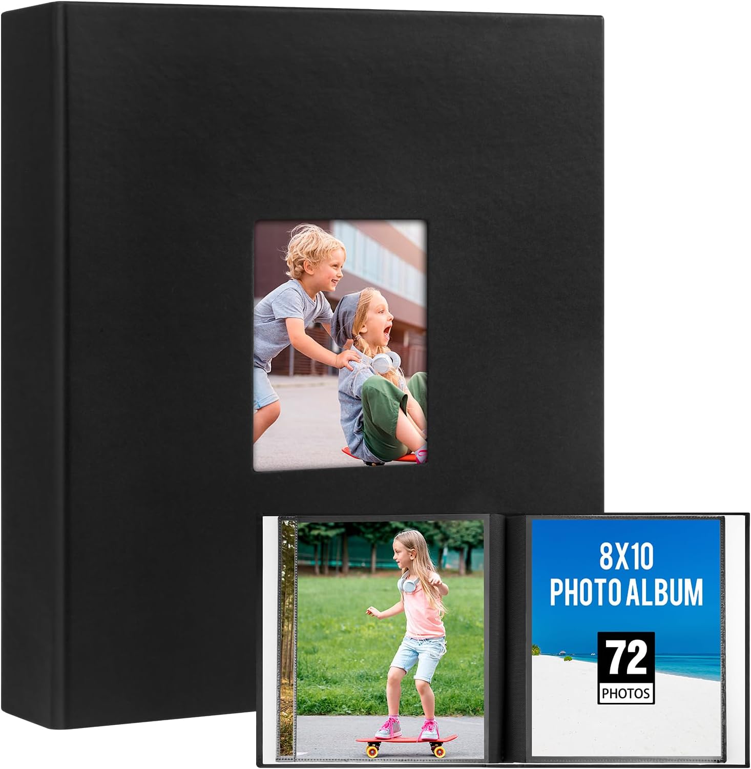 10x8 Photo Album Holds 72 Photos, Leather Cover Photo Albums 8x10 with Front Window, Acid Free 10x8 Photo Album Book, Black Inside Page 10 x 8 Photo book for Wedding Family Baby Pictures