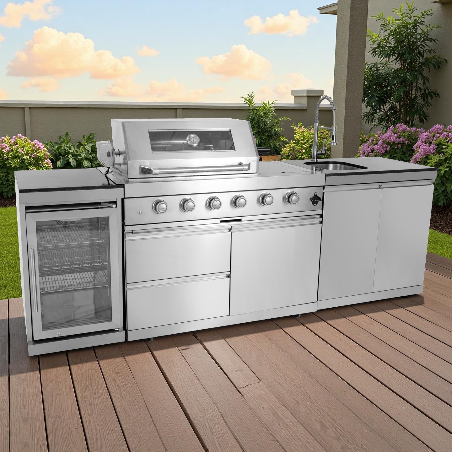 Alimtois 98.4 inch outdoor grill island with refrigerator, sink, and rotisserie kit