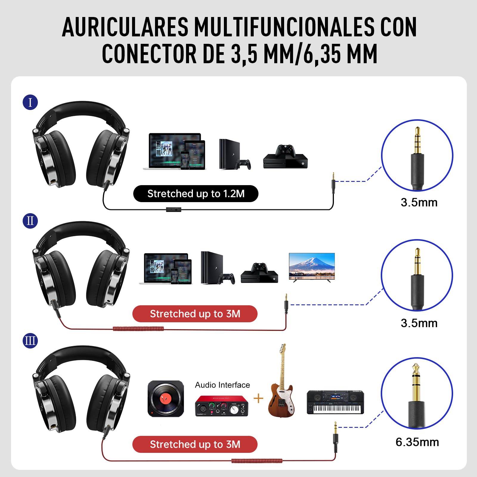 EKSA P100 Auriculares DJ con Cable, para PC AMP Grabación de Podcast Teléfono Piano Guitarra,Estéreo de Mezcla y Monitor de Estudio, 50mm Controladores, 3.5 y 6.35mm Conector de Audio Negro