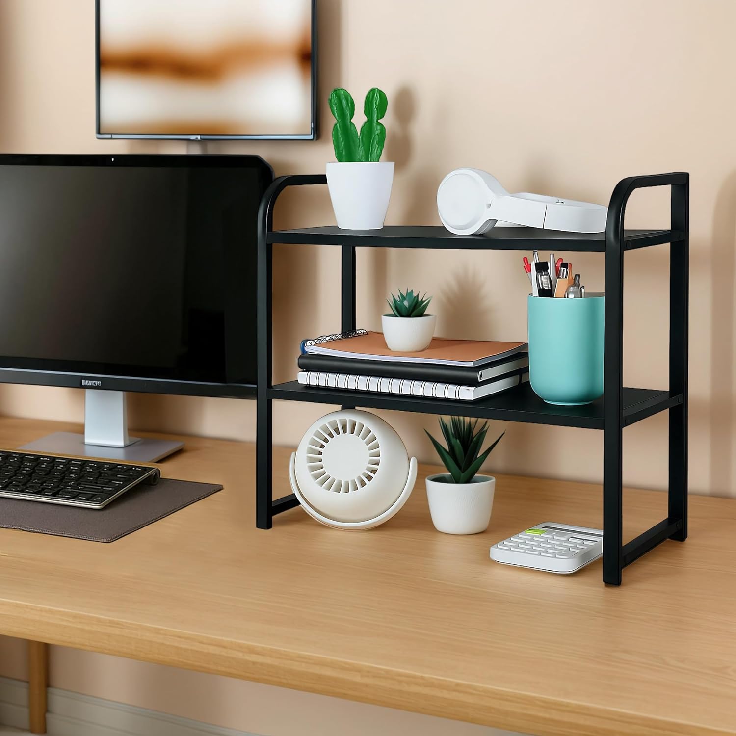 Desktop Shelf Organizer 2-Tier Office Desk Shelf for Top of Desk Wood & Metal Bookshelf Supplies Storage Rack (Black)