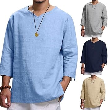 Men'S Pullover Cotton Shirts, Classic Solid Color Casual Loose Pullover T-Shirts Loose Shirts For Men,Casual Youth Shirts Comfortable Soft Business Office Easy Care Shirt,Blue,S