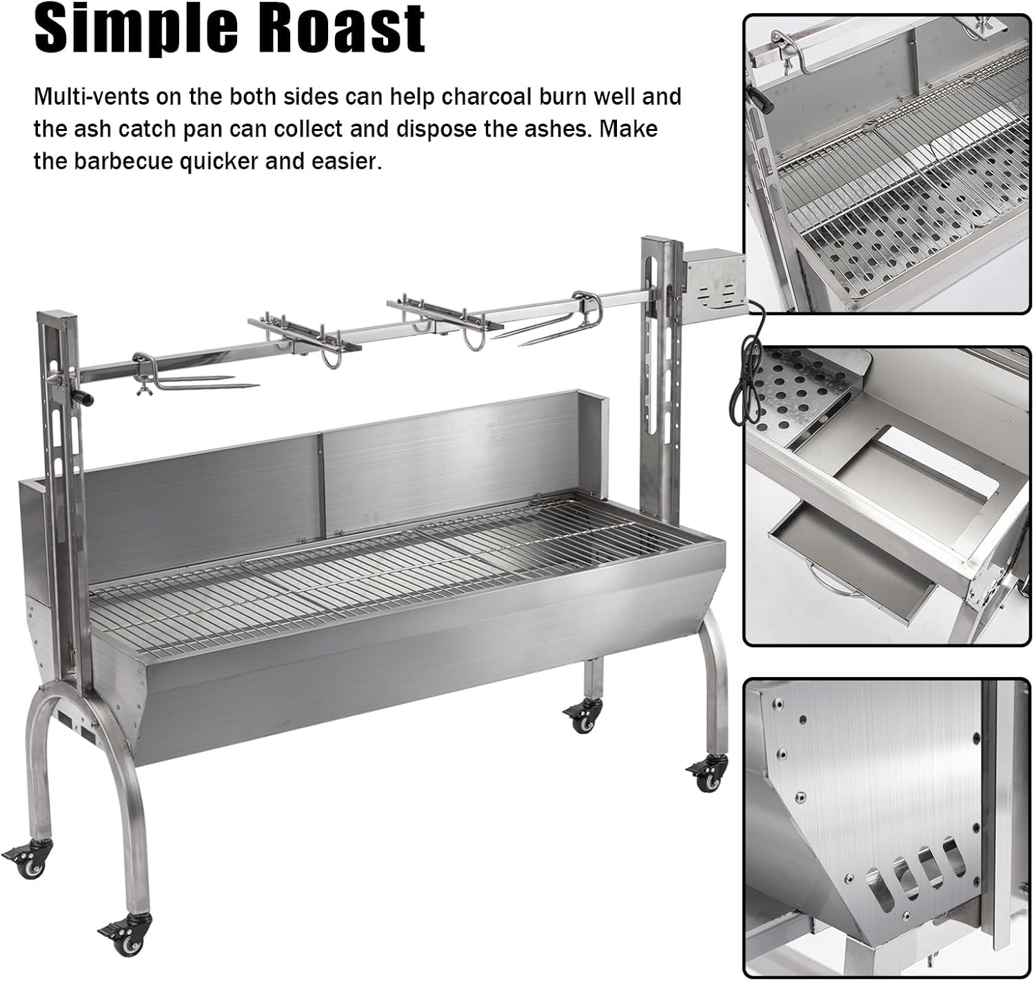 Stainless Steel Rotisserie Grill, Electric 25W Motor Outdoor Pig Roaster, 46.7 Inch Rated 176 LBS BBQ Roaster, Pig Roaster Rotisserie Suitable for Outdoor Camping Kitchen