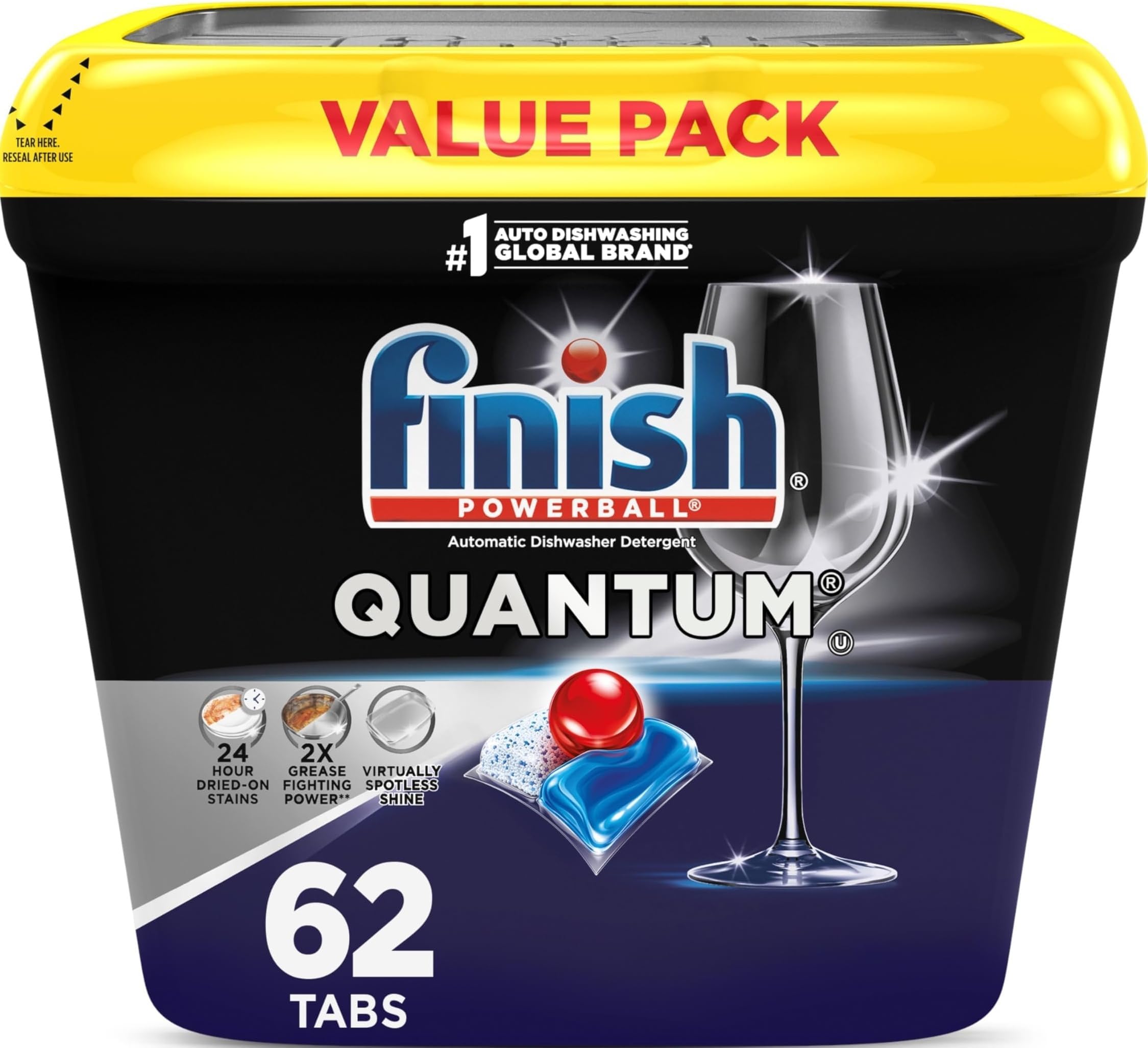 Finish Quantum Dishwasher Pods, No Pre-Rinse Dishwasher Detergent Soap Removes 24HR Dried-On Stain and Grease, Leaving a Virtually Spotless Shine, 62 Count