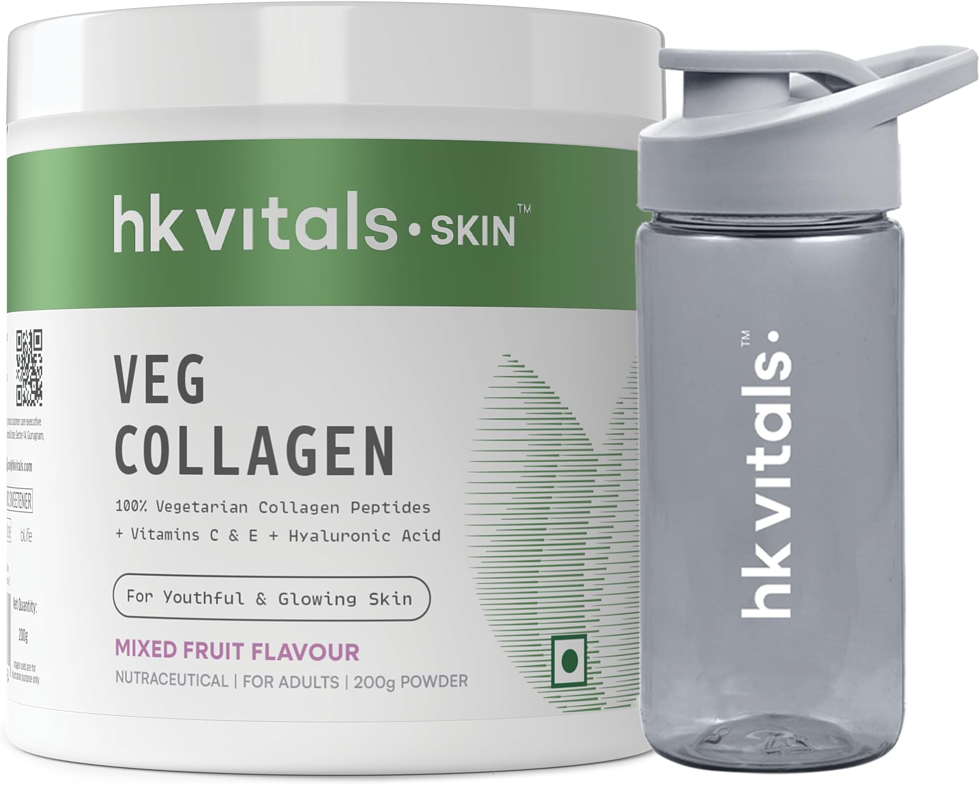 HealthKart HK Vitals Skin Radiance Veg Collagen Powder, 200 g (Mixed Fruit) | Vegetarian Collagen Supplements for Women & Men with Biotin for Healthy Skin with Pocket Sip n Go Bottle, Teal 300 ml
