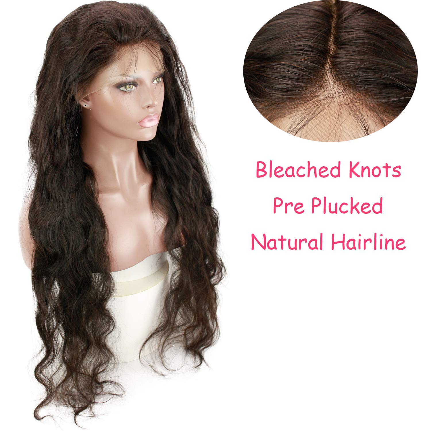 100% Brazilian Virgin Human Hair 13x6 Lace Front Wigs for Black Women Long Natural Wavy Pre Plucked Glueless Human Hair Wigs with Baby Hair 130% Density Natural Black Color 34INCH