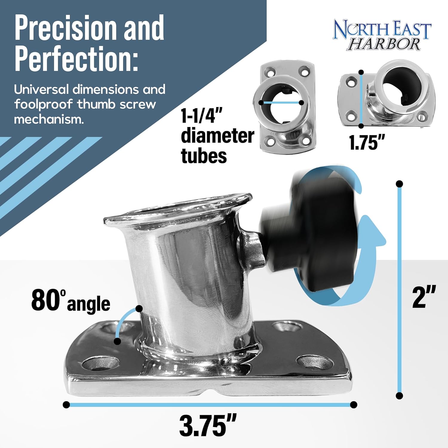 KNOX Boat Rail Fitting for Bimini Top Extension Base, Heavy 316 Stainless Steel, Top Flange Fitting, T-Top Bimini, Awning Canopy for Pontoon Rowing Boats Yachts, 80° Base Deck Accessories 2-Pack