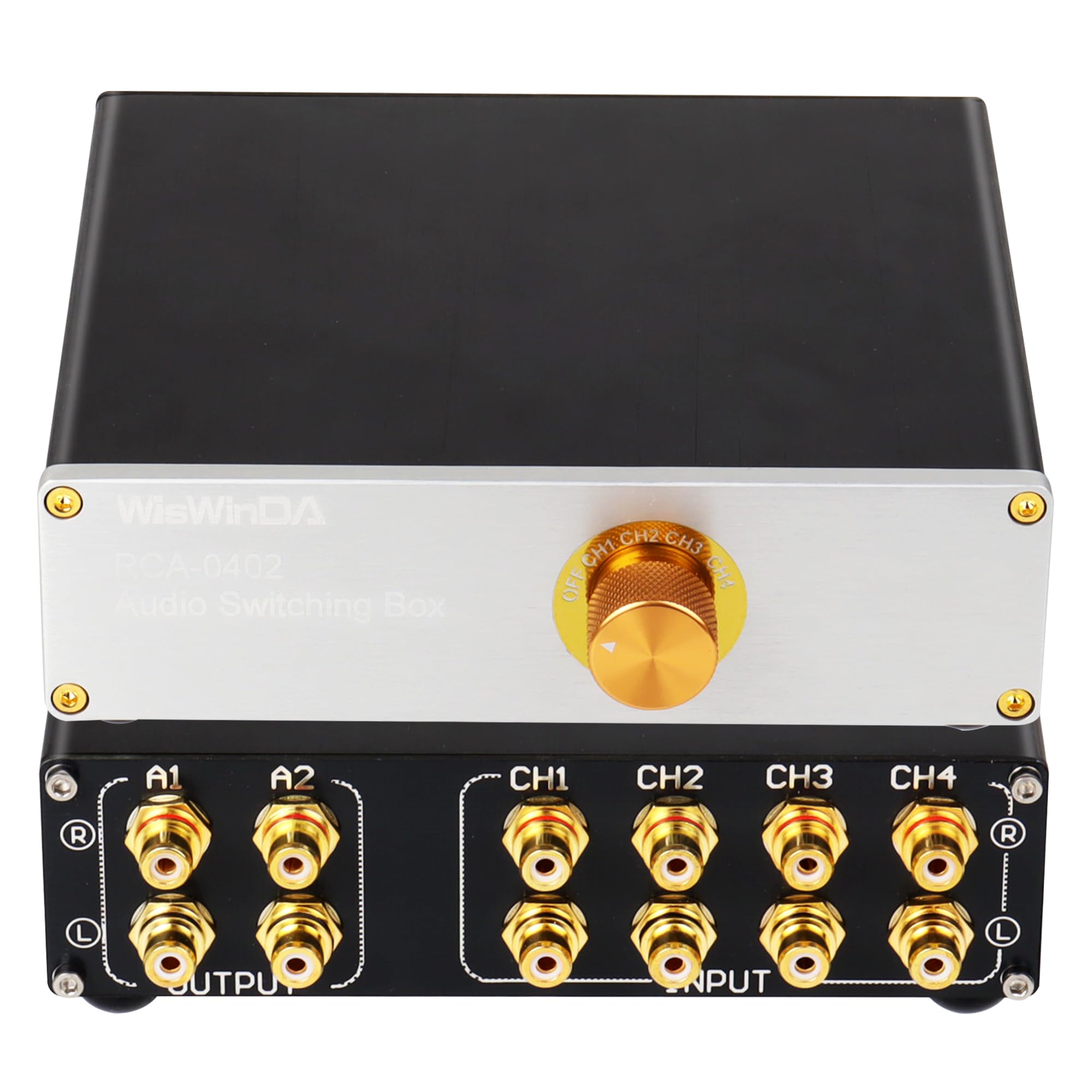 Caja de conmutación de audio Pro RCA de 4 pulgadas, 2 salidas, convertidor de audio, 4 canales, 4 pulgadas, 2 salidas, estéreo HiFi, selector de audio pasivo, caja de conmutación, carcasa de aluminio