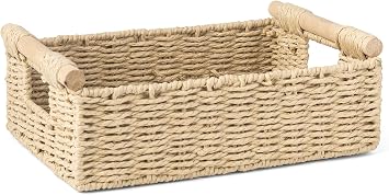 Woodluv Storage Basket for Shelves, Hand-Woven Paper Rope Storage Hamper Basket, Wardrobe Organiser with Wooden Handle, Khaki, Medium