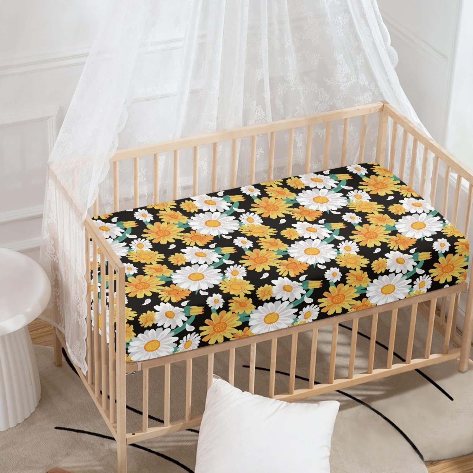 Odot Cot Bed Fitted Sheets 130x70cm, Daisy Pattern Cot Bed Sheet Fitted Sheets for Cribs Baby Bed Sheets Soft Bassinet Sheets Cot Bed Mattress Protector for Boy Girl (Yellow Chrysanthemum)