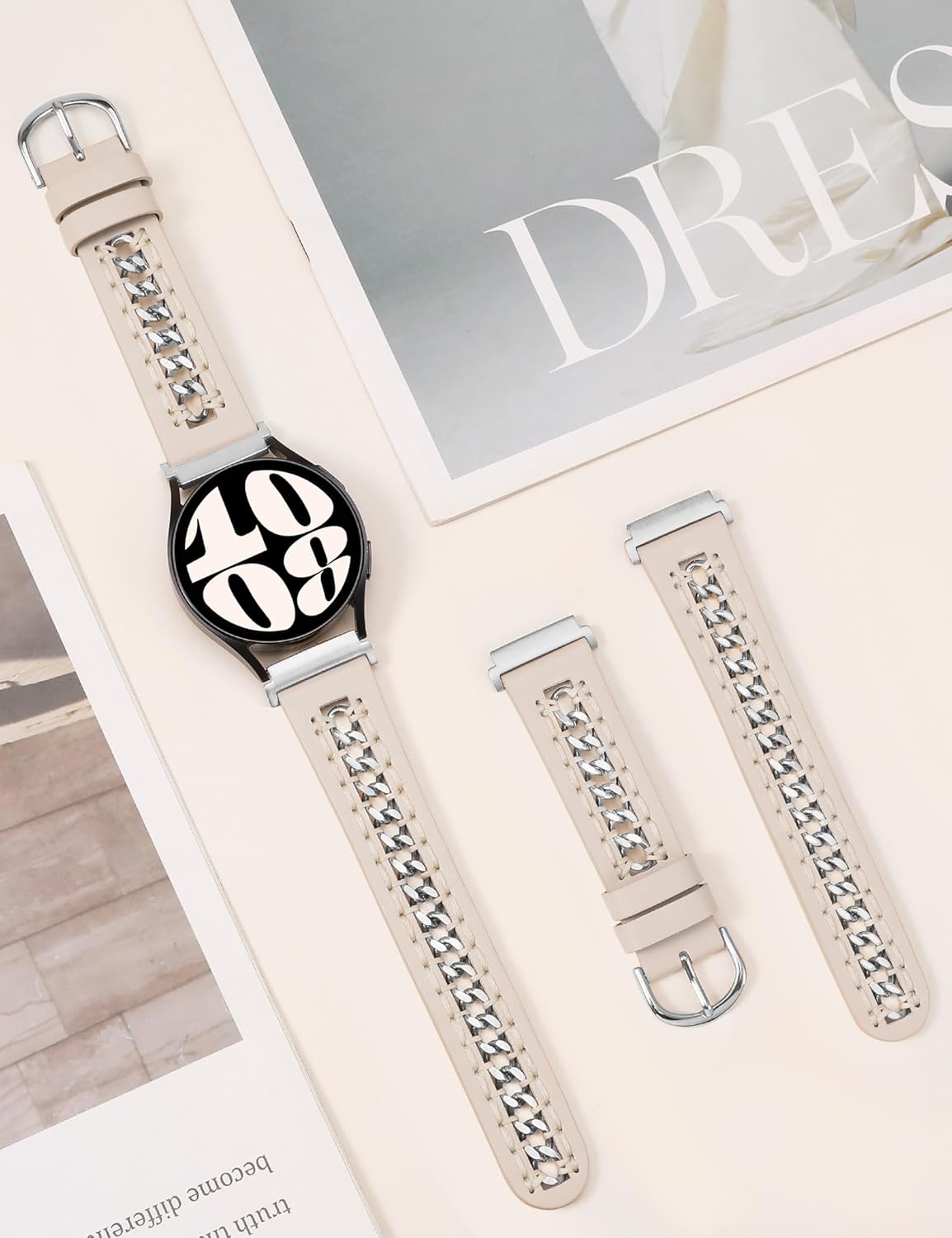 Minyee Leather Band Compatible with Samsung Galaxy Watch 7/6/5/4/FE/Active 2 40mm 44mm/Watch 6 Classic 43/47mm/Watch 5 Pro 45mm Bands, 20mm Dressy Leather Strap with Stainless Steel Metal Chain Women - Image 3