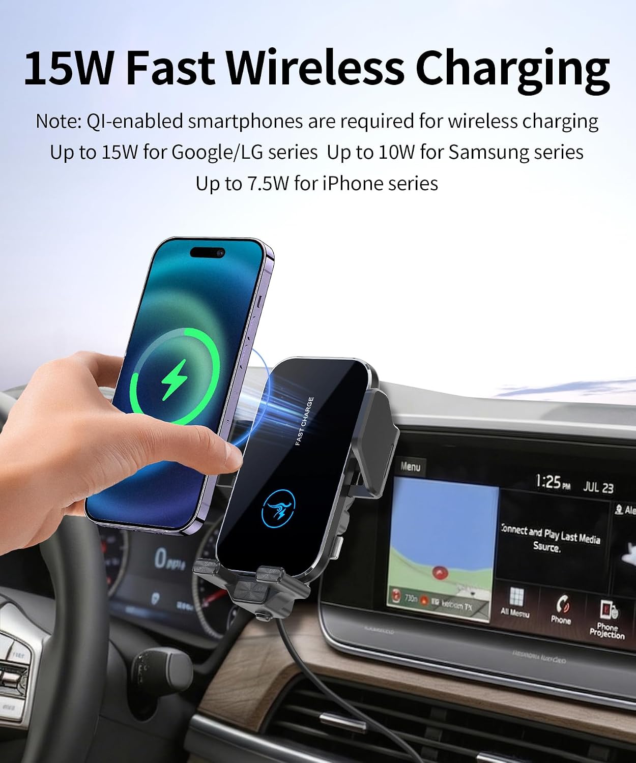 15W Wireless Fast Charger for 2019 2020 2021 2022 Kia Telluride Accessories 10.25 inch Screen Fixed Clip, Interior Decoration Mobile Phone Mount, 360° Rotation, Vehicle-Specific Custom Mount