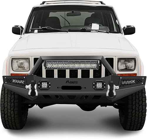 Miniatura 4 de FINDAUTO Parachoques delantero apto para Jeep Cherokee 1983-2001 con placa de cabrestante, luces LED y anillos en D, mejorado, texturizado