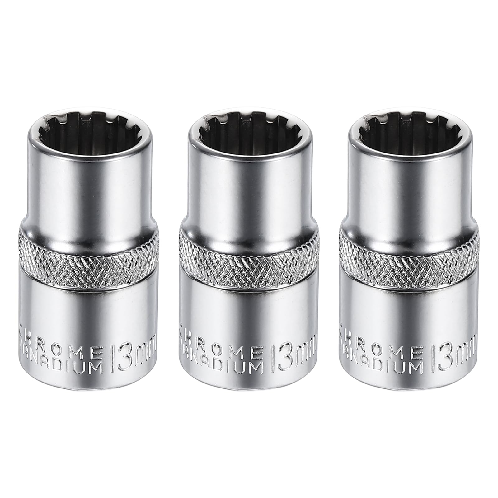 sourcing map 3pcs 12 Points Socket 1/2" Drive 13mm Metric Shallow Socket 1.6" (40mm) Long CR-V Steel Nickel Plating for Home Auto Nuts Bolts Repair