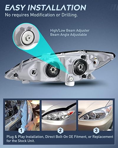Miniatura 8 de Nilight Conjunto de faros delanteros compatible con Toyota Camry LE XLE SE 2005 2006, carcasa cromada, reflector ámbar, lente transparente mejorada,