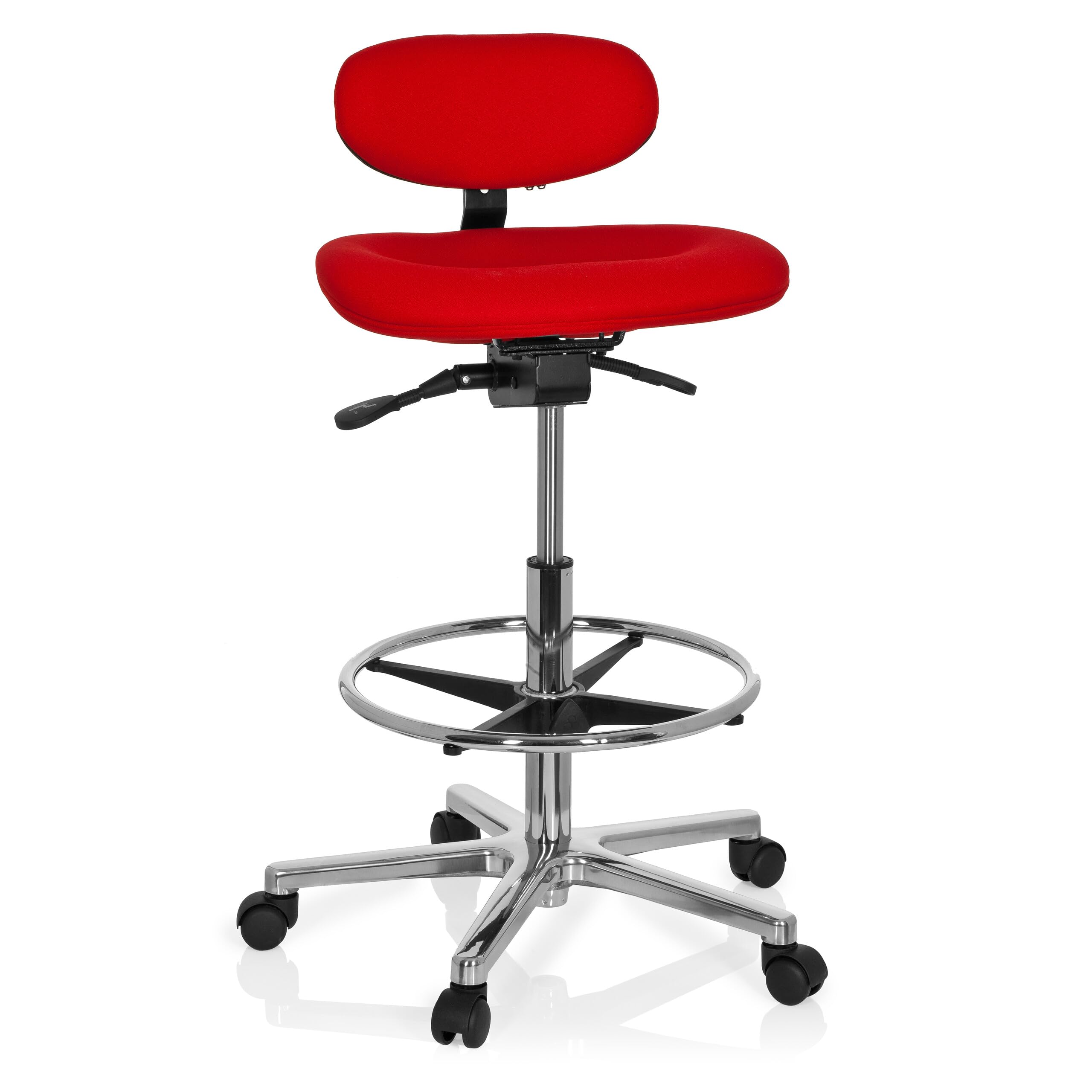 hjh OFFICE 608331 Arbeitsstuhl hoch Work MF Stoff Rot Stehhilfe Büro Drehhocker mit Lehne & Rollen, höhenverstellbar