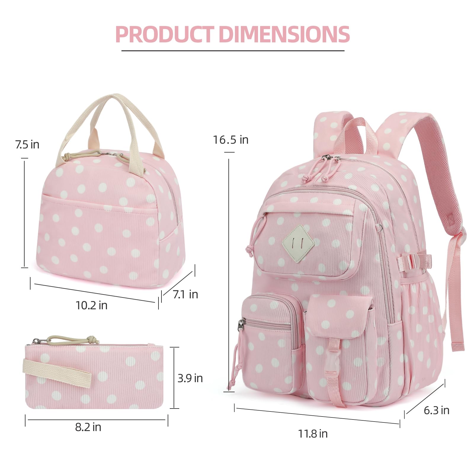 3-teiliges Schulrucksack-Set aus Cord für Mädchen, Kinder, großes Fassungsvermögen, Schultasche, Büchertaschen-Set mit Lunchbox und Federmäppchen, Cord, gepunktet, 16.5" x 11.9" x 6.3", Casual