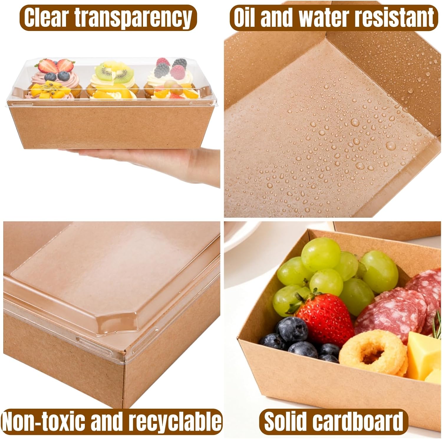 Hiceeden 50 Pack Charcuterie Boxes with Clear Lids, 8.4"×5.7"×2.8" Paper Bakery Dessert Sandwich Box, Disposable Large Food Containers for Cookies, Donuts, Muffins, Salad, and Pastry, Brown image 3