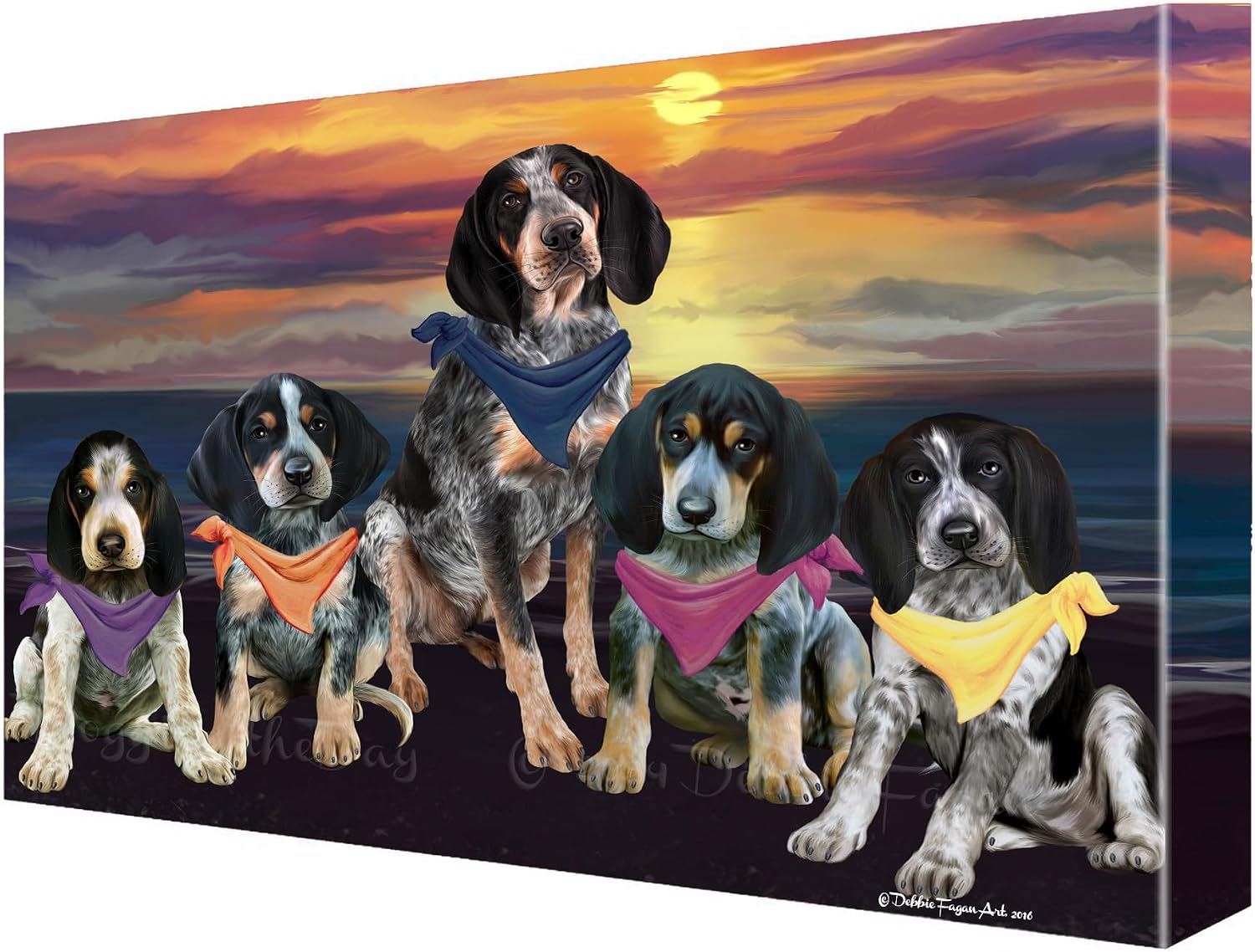 Family Sunset with Bluetick Coonhound Dogs Canvas Wall Art - Premium Quality Ready to Hang Room Decor - Black Floating Framed 16" x 24"