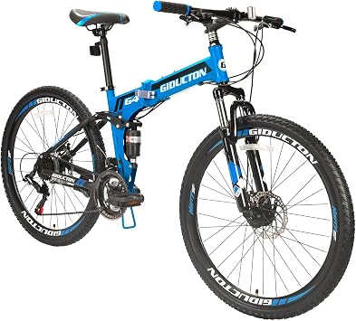 EUROBIKE YH-G4 Folding Mountain Bike for Adults 26 Inch Wheels 21 Speed Full Suspension Dual Disc Brakes Foldable Frame Bicycle Blue