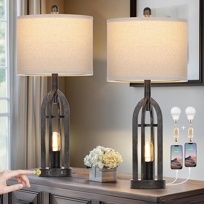 Cinyirong 27" Rustic Table Lamps for Living Room - Farmhouse Lamps Set of 2 with USB C+A & Outlet, 3-Way Dimmable Touch Lamps for Night Stands, Vintage Bedside Lamp for End Tables,Bedroom,Bronze photo 5