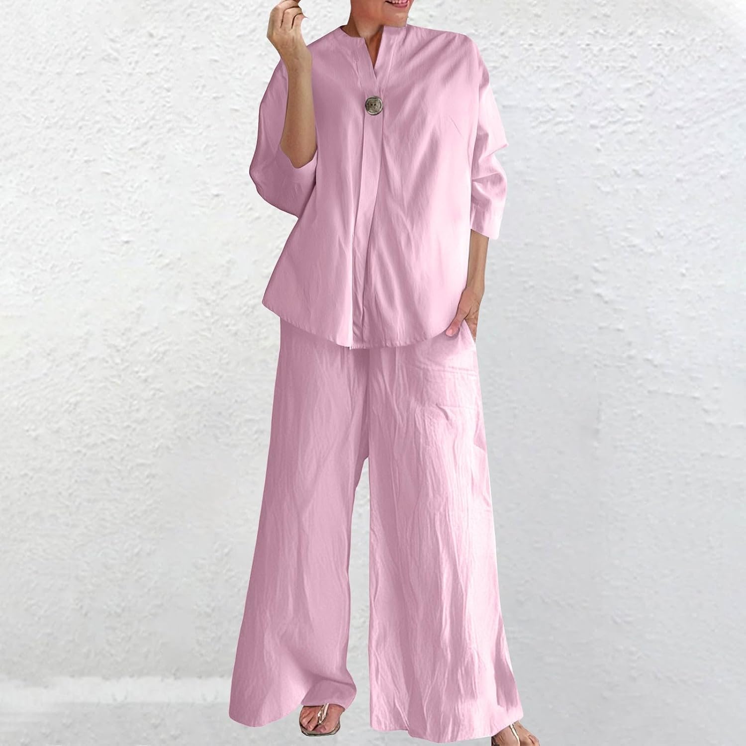Women's Linen Shirt 3/4 Sleeves Button Down V Neck Solid Blouse and Capri Cotton Wide Leg Outfits