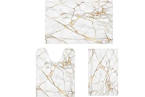 EMMTEEY Bathroom Rugs Sets 3 Piece, Gold White Marble Bathroom Decor Set