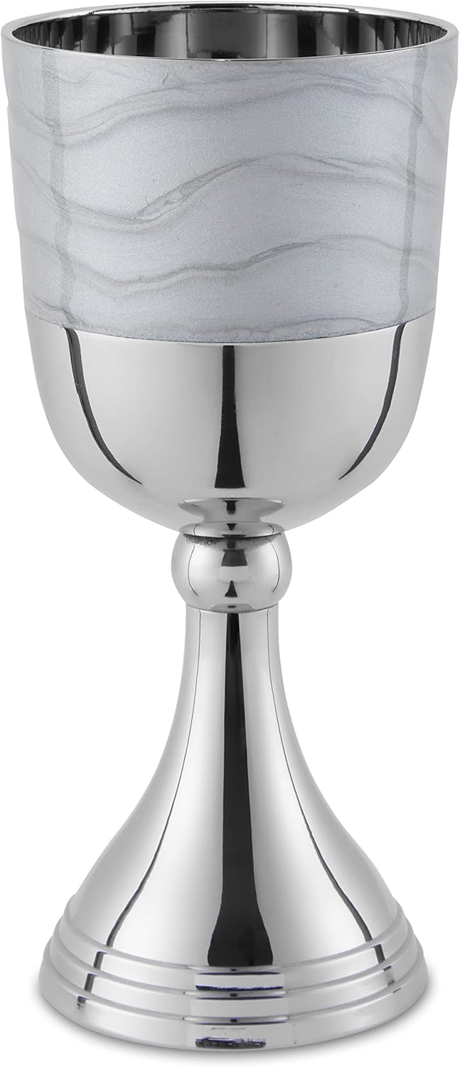 Zion Judaica 5.75" Luxurious Kiddush Cup Set Gift Boxed Polished Nickel Plated with Silver Enamel Elegant Wine Cup Goblet & Matching Tray Stunning Shabbat, Yom Tov, Passover Seder Décor