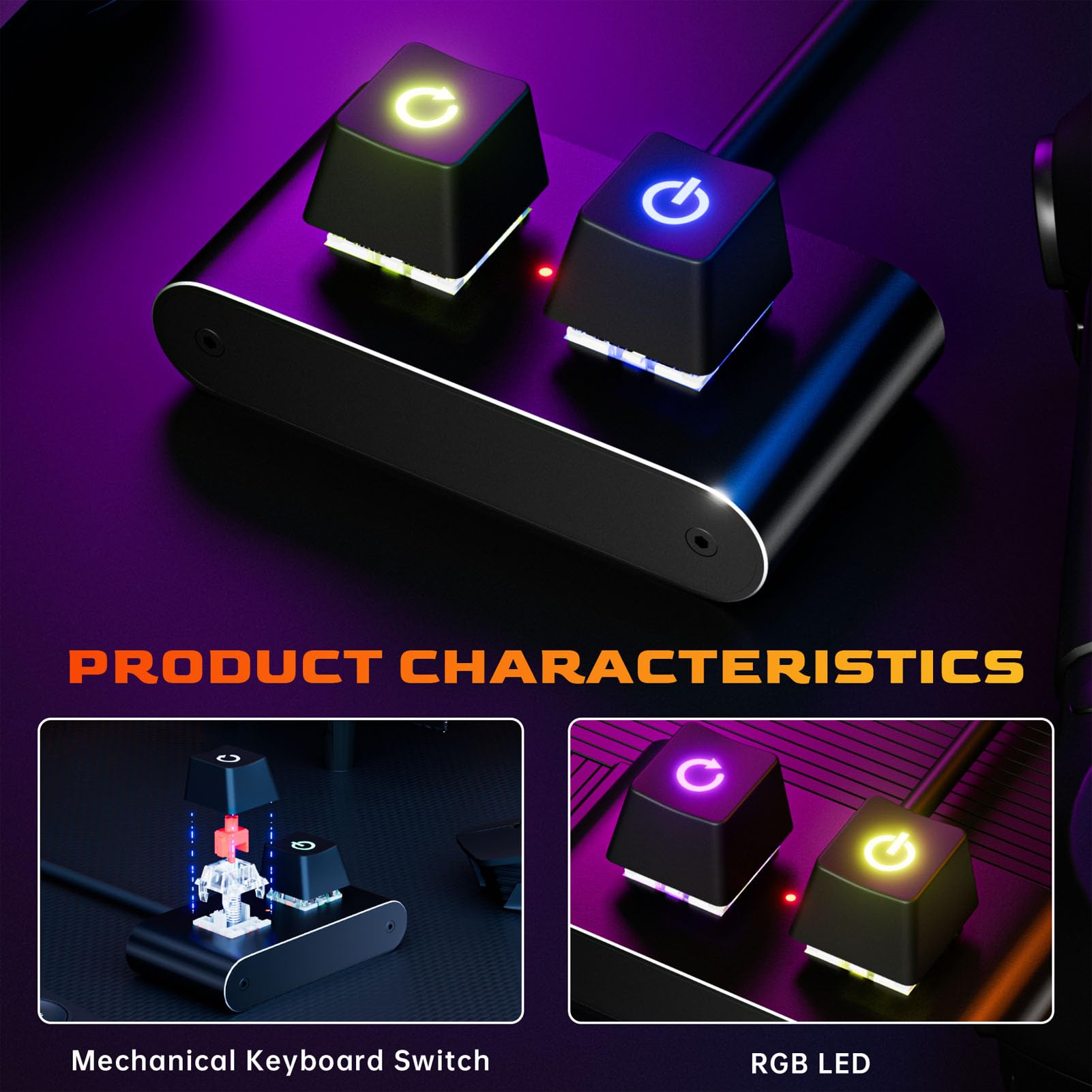 Tosuny PC Power Button with 2M Cable, External Power Reset Switch for Desktop Computer Motherboard, Mechanical Key Switch, RGB Light, Easy Installation for Custom PC Case — view 2