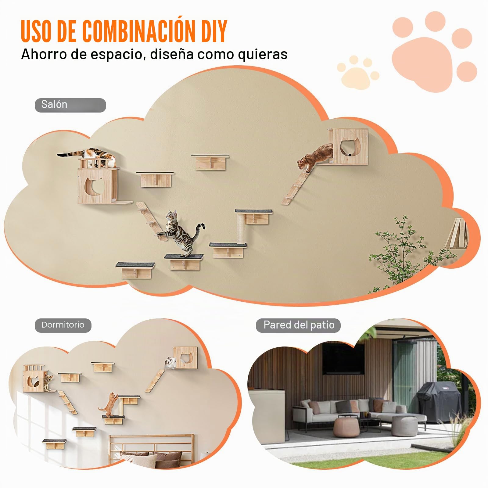 VEVOR 9 PCS Estantes de Pared para Gatos Carga de 18,14 kg Estantes de Pared para Gatos y Perchas con Tablas para Saltar, Camas para Gatos, Hamacas y Árboles para Gatos para Dormir, Jugar y Trepar