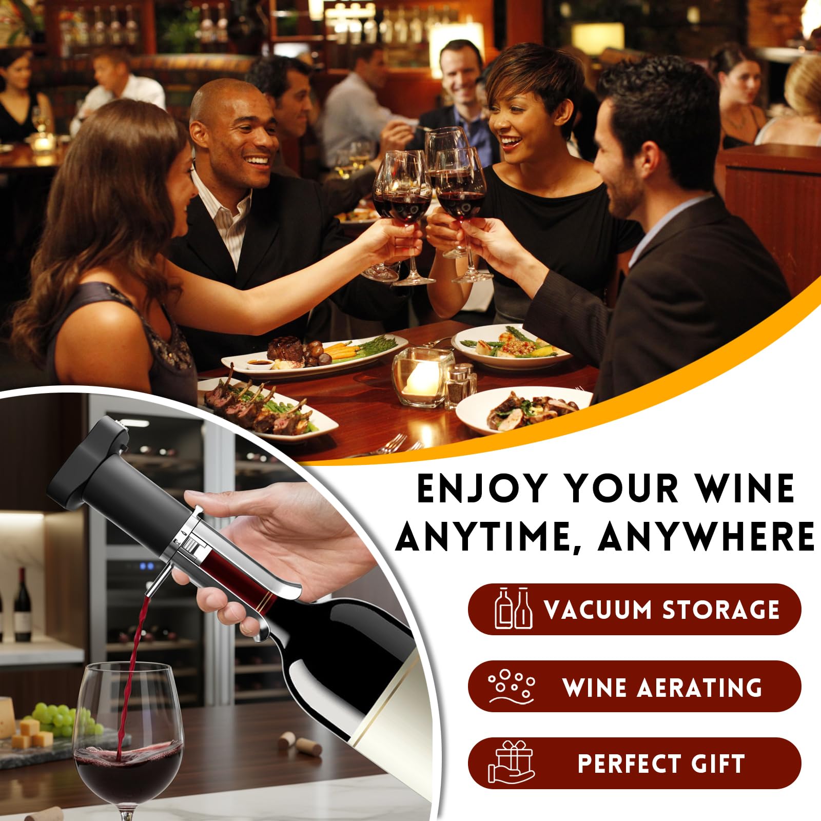 ZONSUSE Aérateur de Vin Électrique, 3-en-1 Distributeur de Vin, Verseur et Carafe Intégrés, Système de Préservation du Vin, Conserve le Vin 10+ Jours, Cadeau pour les Amateurs de Vin (Noir Argent)
