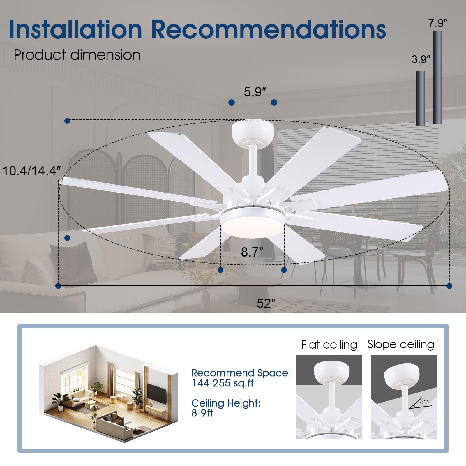 Kviflon Deckenventilator mit Beleuchtung Leise 132 cm, Deckenventilator mit Licht und Fernbedienung und App, Led Deckenventilatoren für Schlafzimmer Wohnzimmer, DC Motor, 8 Holz Flügel, Weiß