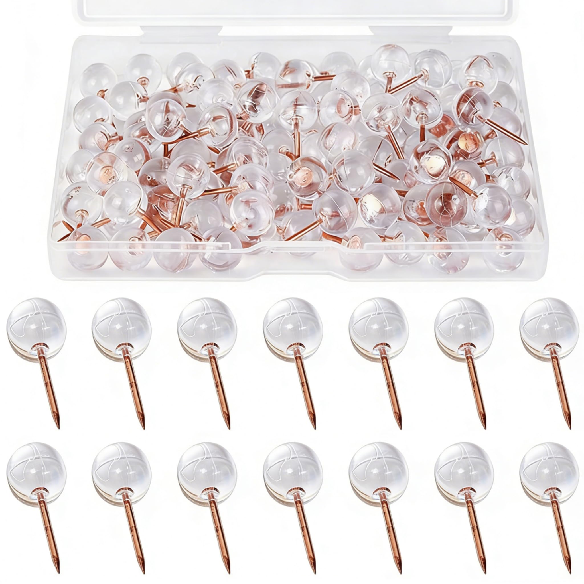 100 Pcs Clear Push Pins For Pinboard, Push Pins With Storage Box Transparent Heads For Pictures, Posters, Documents(Rose Gold)