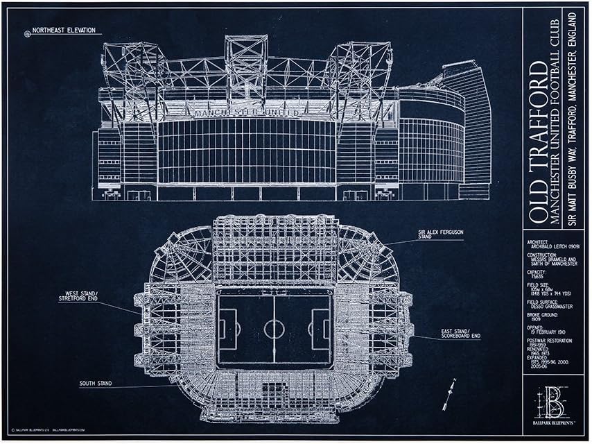 Old Trafford - Manchester United Football Club - Blueprint Style Print (Unframed, 18" H x 24" W)